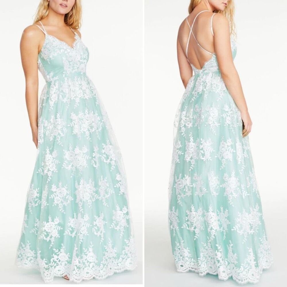 Say Yes To The Prom Aqua Mint Lace Spaghetti Strap Princess Gown Dress S 5 6
